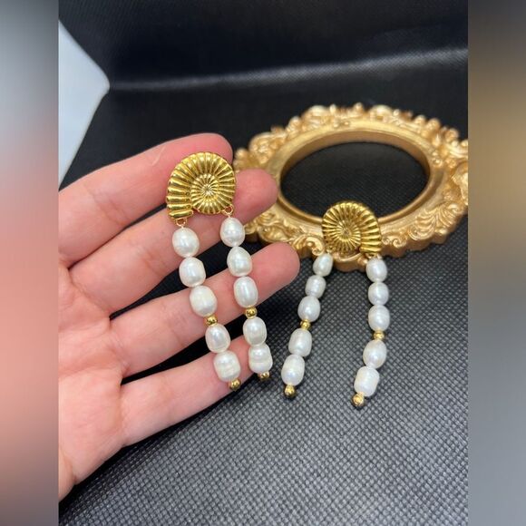 Gold Plated Stainless Steel Nautilus Pearl Drop Earring - Picture 13 of 14